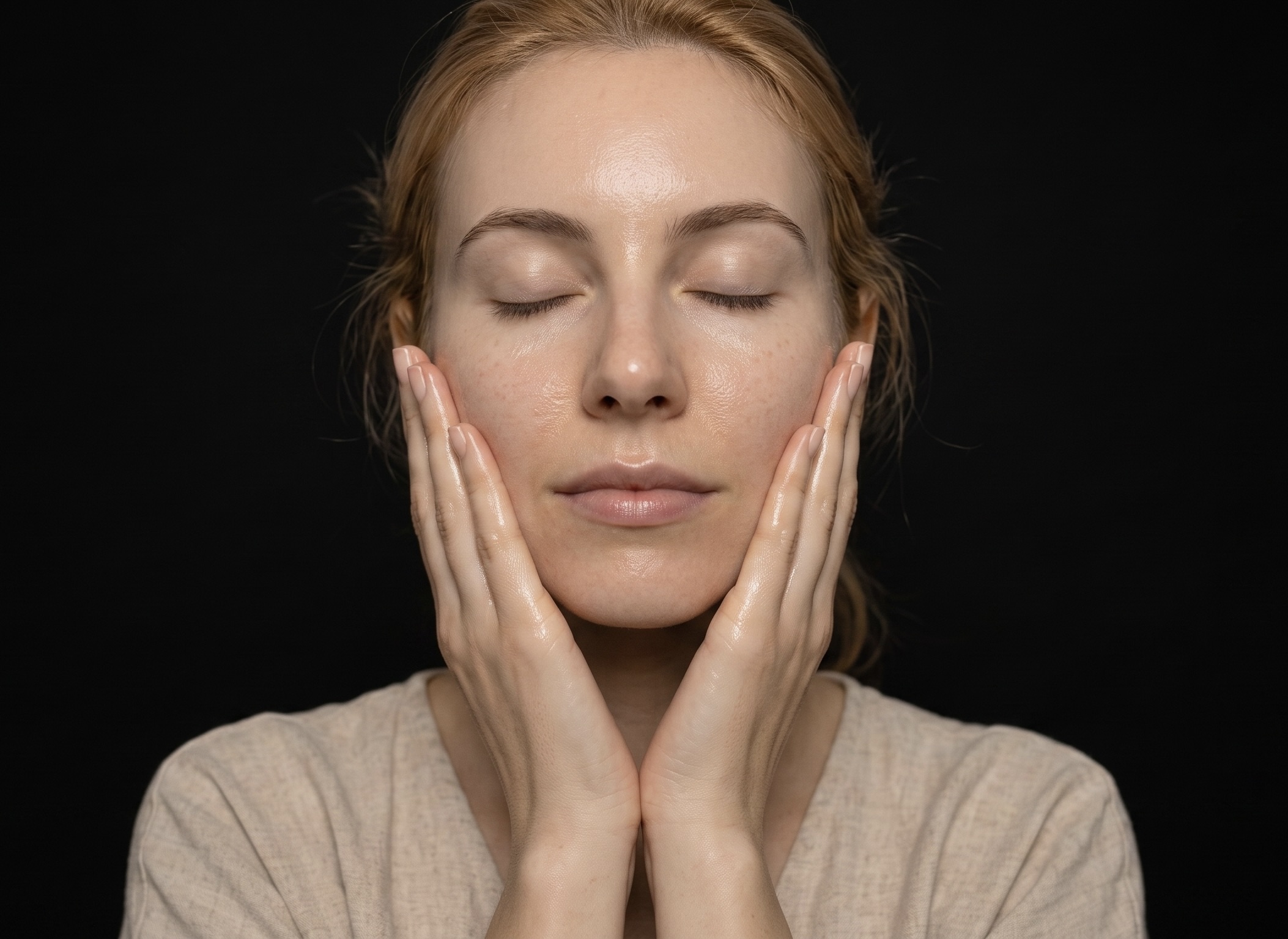 Woman smoothing exosome serum onto her face